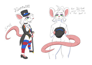 anthro big_ears buckteeth cane choker clothing cowlick dialogue female footwear fur green_eyes hair hat headgear headwear high_heels jewelry kierra_(sir_snipi) legwear magician magician_hat makeup necklace nude pink_nose rodent_tail shoes solo stockings tail teeth text white_body white_fur white_hair sir_snipi mammal murid murine rat rodent english_text hi_res