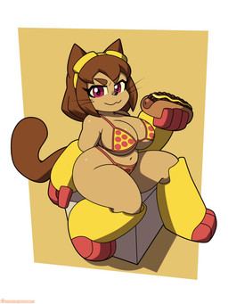 anthro big_breasts bikini biped breasts brown_body brown_hair clothed clothing eyebrows eyelashes female food hair hot_dog looking_at_viewer pupils red_eyes simple_background sitting smile solo swimwear thick_thighs two-piece_swimsuit whiskers yellow_bikini yellow_clothing yellow_swimwear omegasunburst gameoverse glitch_productions kit_bodega domestic_cat felid feline felis mammal 2026 3:4 absurd_res hi_res