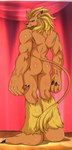 anthro blush butt ear_piercing ear_ring embarrassed feet male muscular muscular_male nude piercing pose ring_piercing solo stage the_dark_mangaka third-party_edit bandai_namco digimon digimon_(species) felid leomon lion mammal pantherine absurd_res hi_res