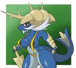 anthro areola bikini black_areola blue_body blue_skin breasts clothing female long_tail melee_weapon nipples shell solo string_bikini swimwear sword tail two-piece_swimsuit weapon poraka7 nintendo pokemon generation_5_pokemon mammal mustelid otter pokemon_(species) samurott