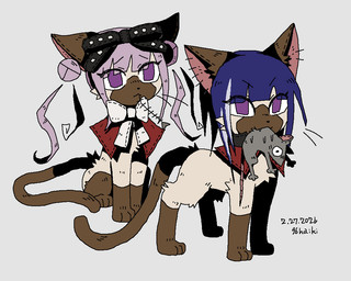 accessory black_headband black_shading brown_body brown_ears brown_fur brown_paws brown_snout brown_tail duo female feral fishbone fur gloves_(marking) hair headband leg_markings looking_at_viewer male markings one_fang pink_hair pink_inner_ear prey_in_mouth purple_eyes purple_hair simple_background smile socks_(marking) tail text white_background white_body white_bow white_fur 96haiki the_hundred_line:_last_defense_academy ima_tsukumo kako_tsukumo domestic_cat felid feline felis mammal rodent siamese_cat 2026 aliasing artist_name colored dated digital_drawing_(artwork) digital_media_(artwork) shaded signature simple_shading watermark brother_(lore) brother_and_sister_(lore) sibling_(lore) sister_(lore) twins_(lore)