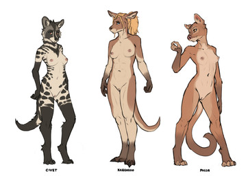 3_toes 4_toes 5_fingers anthro areola biped black_spots black_tail blonde_hair blue_eyes breasts brown_body brown_fur brown_tail claws countershade_torso countershading feet female finger_claws fingers front_view fur genitals group hair looking_at_viewer markings navel nipples nude nude_anthro nude_female orange_eyes simple_background smile spots spotted_body spotted_fur standing tail toe_claws toes trio vulva white_background white_body white_fur foxovh civet euplerid fossa kangaroo macropod mammal marsupial viverrid 2025 digital_drawing_(artwork) digital_media_(artwork)