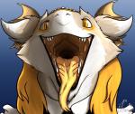 bodily_fluids cheek_tuft clothing drooling ear_tuft facial_tuft fangs fluffy gaping_mouth jeany545 looking_at_viewer maid_uniform mouth_shot open_mouth palate saliva sergal solo teeth tongue tuft uniform yellow_eyes yellow_tongue