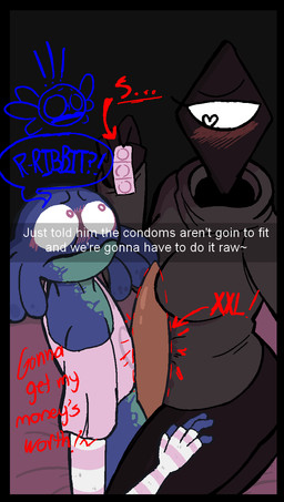 1_eye anthro between_breasts blush breasts clothing condom duo female femboy genitals heart_eyes heart_symbol looking_aside male male/female mature_female mommy_kink nervous penis sexual_barrier_device surprised sweater text topwear sameltoe snapchat waitress_(sameltoe) amphibian cyclops frog humanoid english_text hi_res