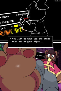 3_toes anthro brown_body brown_fur brown_hair comic_panel death dominant dominant_anthro dominant_young extreme_size_difference feet female foot_crush foot_fetish foot_focus fur gameplay_mechanics hair size_difference solo text text_box toes young young_anthro diexlland undertale_(series) undertale_yellow kanako_ketsukane canid canine fox mammal english_text hi_res