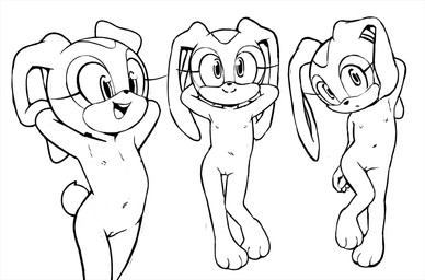 anthro female flat_chested genitals looking_at_viewer nipples nude raised_arms simple_background smile solo standing vulva white_background young young_anthro young_female gaturo sega sonic_the_hedgehog_(series) cream_the_rabbit lagomorph leporid mammal rabbit 2026 greyscale hi_res monochrome sketch
