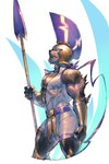 anthro armor biceps black_body black_fur bodysuit clothing fur headgear helmet male melee_weapon pecs polearm skinsuit solo spear tight_clothing weapon tro_pikaru bandai_namco digimon achillesmon digimon_(species) felid mammal pantherine 2:3 hi_res