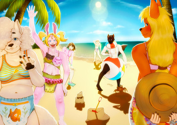 anthro beach bikini clothed clothing coconut_tree diaper fruit_tree group inflatable_diaper palm_tree plant sand sand_castle sculpture summer swim_diaper swimwear tree two-piece_swimsuit wearing_diaper wetsuit pampermousse rael_bunni_(character) arthropod bovid canid canine caprine crab crustacean decapod felid fox hybrid lagomorph leporid lion malacostracan mammal pantherine rabbit sheep absurd_res hi_res