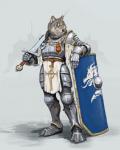 anthro armor belt black_nose body_armor cheek_tuft clothed clothing crusader facial_tuft holding_melee_weapon holding_object holding_sword holding_weapon knight knight_armor male medieval melee_weapon scar shield solo standing sword tuft warrior weapon yellow_eyes hotchkiss hotchkisstank canid canine canis mammal wolf digital_media_(artwork) digital_painting_(artwork) full-length_portrait hi_res portrait