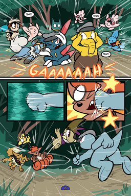 4_panel_comic ambiguous_gender anthro attack bandage battle biped bite black_cape black_clothing black_eyes black_nose black_tail black_text blue_body brown_body brown_eyes brown_fur brown_hair cape cheek_spots chest_gem clenched_teeth closed_smile clothing crossed_legs day dialogue exclamation_point eyebrows eyelashes eyes_closed eyewear feral fight fingers fluffy fluffy_tail forehead_gem forest fur gem goggles green_eyes group hair hat headgear headwear looking_at_another midair motion_lines mouth_closed multi_tail neck_tuft on_ground one_eye_closed open_mouth open_smile outside page_number pawpads plant punch pupils purple_eyes purple_scarf quadruped red_cheeks scarf sharp_teeth shrub sitting smile sound_effects speech_bubble standing tail teeth text tongue toony tree tuft tusks white_sclera yellow_body yellow_gem virmir nintendo pokemon pokemon_mystery_dungeon spike_chunsoft medik_jackal sierra_(virmir) virmir_(character) zinc_(zincxiron) axew cleffa drowzee eevee generation_1_pokemon generation_2_pokemon generation_3_pokemon generation_4_pokemon generation_5_pokemon generation_7_pokemon humanoid igglybuff machop mudkip munchlax pichu pokemon_(species) rockruff shiny_pokemon smeargle sneasel vulpix 2025 2:3 absurd_res comic english_text hi_res signature
