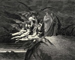1861 19th_century ancient_art black_and_white butt clothed clothing dante_alighieri demon divine_comedy engraving flying formal_art fully_clothed group gustave_dore hatching_(art) hell hi_res holding_object holding_weapon human inferno_(divine_comedy) large_group male mammal melee_weapon membrane_(anatomy) membranous_wings monochrome nude outside polearm shaded side_view standing tail virgil_(dante's_inferno) weapon wings