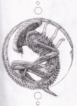 alien alien_(franchise) ambiguous_gender bodily_fluids disney exoskeleton hi_res horror_(theme) long_tail raised_tail saliva simple_background solo tail traditional_media_(artwork) voxbelicosa xenomorph