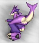 3_toes anthro anus biped black_sclera blue_eyes breasts butt feet female fin fluffy fur genitals grey_background lipstick lying makeup nude pawpads paws purple_body purple_fur pussy simple_background solo toes proteus scylla_(proteus) canid canine fish fox hybrid mammal marine shark 2016 hi_res