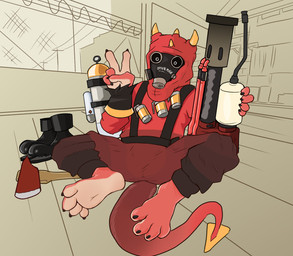 4_toes ambiguous_gender anthro axe barefoot claws clothing cosplay countershade_feet countershading feet foot_focus gesture hand_gesture looking_at_viewer paws soles solo suit tail toe_claws toes v_sign weapon conditional_dnp orenjisalmonpaw mythology team_fortress_2 valve valve_corporation pyro_(team_fortress_2) dragon mythological_creature mythological_scalie scalie hi_res