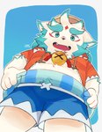 anthro bell bell_collar belly blue_eyes bottomwear clothing collar fur looking_down low-angle_view male navel shorts slightly_chubby solo swim_ring white_body white_fur young young_anthro young_male tongmung24 asian_mythology east_asian_mythology japanese_mythology lifewonders mythology tokyo_afterschool_summoners agyo_(tas) foo_dog komainu mammal yokai absurd_res hi_res