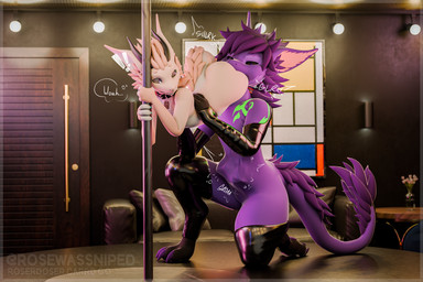 abdominal_bulge ambiguous/ambiguous ambiguous_gender anthro butt clothing collar duo fur furniture inside legwear oral_vore pole purple_body purple_fur sofa stage stripper_pole thigh_highs vore roserdoser rose_(roserdoser) nardoragon 3:2 3d_(artwork) digital_media_(artwork) hi_res
