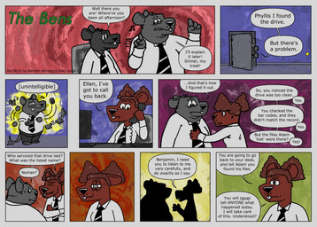 anthro black_nose brown_body clothing computer dialogue duo electronics male necktie overweight overweight_male phone shirt sitting solo standing text topwear barnem mammal murid murine rat rodent 2025 comic english_text hi_res