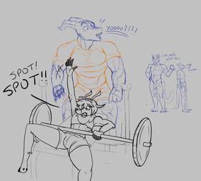 anthro antlers bulge clothed clothing dialogue duo exercise genitals horn male muscular muscular_male nude penis tail text weightlifting weights workout narija seven_(artist) mythology deer domestic_cat dragon felid feline felis mammal mythological_creature mythological_scalie reptile scalie artist_collaboration english_text monochrome sketch