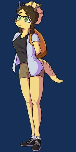 3_horns anthro backpack bottomwear braided_hair breasts brown_hair cleavage clothed clothing eyewear female footwear frill_(anatomy) glasses green_eyes hair hands_behind_back horn hotpants markings multi_horn open_clothing open_shirt open_topwear plantigrade shirt shoes shorts simple_background solo standing striped_markings striped_tail stripes tail tail_markings topwear transparent_background unknown_artist cavemanon_studios goodbye_volcano_high ko_op_(game_developer) snoot_game stephanie_(snoot_game) ceratopsian ceratopsid chasmosaurine dinosaur marginocephalian ornithischian prehistoric_species reptile scalie triceratops alpha_channel hi_res