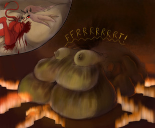 after_vore ambiguous_gender angry anthro areola belly big_belly big_breasts blobby blood bodily_fluids breasts butt destruction duo eating fart female female_pred fire food fur grey_body grey_fur grey_hair hair hell huge_belly huge_breasts hungry hyper hyper_belly hyper_breasts immobile morbidly_obese morbidly_obese_anthro morbidly_obese_female nightmare_fuel nipples obese obese_anthro obese_female overweight overweight_anthro overweight_female red_sclera vore what what_has_science_done where_is_your_god_now white_eyes why darkmetaldragon666 hellaverse helluva_boss mythology loona_(helluva_boss) canid canid_demon canine demon hellhound imp mammal mythological_canine mythological_creature story story_in_description