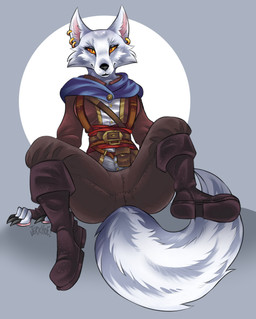 anthro biped boots bottomwear brown_bottomwear brown_clothing brown_pants clothed clothed_anthro clothed_female clothing ear_piercing female footwear front_view fur grey_background looking_at_viewer pants piercing pose propped_up raised_leg shoes simple_background sitting solo white_body white_fur yellow_eyes jerichoe paizo pathfinder pathfinder:_wrath_of_the_righteous white_nysa canid canine fox fox_spirit mammal 2026 digital_drawing_(artwork) digital_media_(artwork) full-length_portrait hi_res portrait