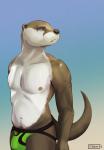 anthro athletic bottomwear brown_body brown_fur bulge clothed clothing fur jock jockstrap male muscular muscular_anthro muscular_male painting pants placid pubes simple_background solo topless underwear white_body white_fur otterboxed rogue_fang mammal mustelid otter 2019 absurd_res hi_res shaded simple_shading