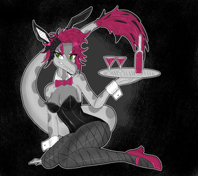 abstract_background alcohol annoyed anthro beverage breasts bunny_costume clenched_teeth clothing container costume cup drinking_glass eyebrow_through_hair eyebrows fake_ears feathered_tail feathers female fingers fishnet_clothing fishnet_legwear footwear freckled_arms freckled_face freckled_tail freckles front_view glass glass_container glass_cup green_eyes hair high_heels holding_object humanoid_hands legwear long_tail looking_aside markings medium_breasts medium_hair non-mammal_breasts pink_body pink_feathers pink_hair pose serving_tray shoes sitting solo spots spotted_markings tail teeth translucent translucent_hair wine wine_bottle wine_glass gothgator0 devlog:_a_post-modern_college_experience abigail_(devlog) dinosaur dromaeosaurid microraptor prehistoric_species reptile saurischian scalie theropod absurd_res hi_res restricted_palette