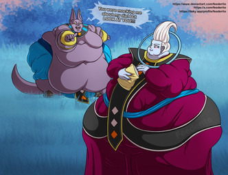 anthro blue_body blue_skin dialogue duo fur hair male moobs obese obese_male overweight overweight_male purple_body purple_fur text weight_gain white_hair feederite dragon_ball dragon_ball_super beerus whis angel angel_(dragon_ball) domestic_cat felid feline felis humanoid mammal hi_res