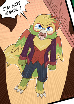 angry anthro beak blue_eyes eyewear feathered_wings feathers glasses green_body male size_difference smaller_male solo wings yelling_at_another yelling_at_viewer yellow_body rozalid avian bird absurd_res hi_res