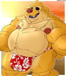 antennae_(anatomy) anthro anthrofied barazoku belly big_belly buckteeth bulge clothing dipstick_antennae fur genitals humanoid_genitalia hyper male multicolored_antennae muscular muscular_anthro muscular_male nipples open_mouth overweight overweight_anthro overweight_male pecs red_nose simple_background smile solo teeth underwear yellow_body yellow_fur incrediblecrocodile disney lilo_and_stitch himbo_reuben reuben_(lilo_and_stitch) alien experiment_(lilo_and_stitch) mammal hi_res