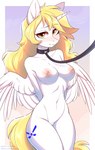 anthro areola blonde_hair blush breasts collar collar_only cutie_mark female fur hair horn leash looking_at_viewer navel nipples nude solo text white_body white_fur wings fensu-san hasbro my_little_pony mythology fan_character star_nai equid equine mammal mythological_creature mythological_equine winged_unicorn 2021 absurd_res digital_media_(artwork) hi_res url