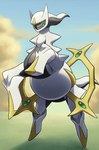 ambiguous_gender belly cloud feral green_sclera raised_leg red_eyes sky slightly_chubby solo tail white_body on_ice_(artist) nintendo pokemon arceus generation_4_pokemon legendary_pokemon pokemon_(species) absurd_res hi_res