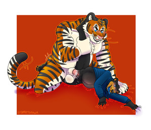 andromorph animal_genitalia anthro balls belly blush bodily_fluids bottomless breath clothed clothing cum cum_inflation cum_inside duo genital_fluids genitals hoodie inflation intersex intersex/male kneeling male muscular panting penetration sheath size_difference topwear vaginal vaginal_penetration vulva yamatopawa kohai_tiger yamato_burr bear felid mammal pantherine tiger absurd_res hi_res