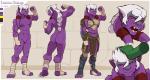 angry anthro armor athletic bandage braided_hair breasts color_swatch disembodied_hand duo female female_focus flexing fur genitals hair head_plate head_tails headpat muscular muscular_female nude purple_body purple_fur pussy solo_focus white_hair holtz tabitha_terleir kraskit character_name model_sheet