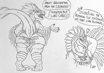 anthro armpit_feathers armpit_hair armpit_tuft big_butt blep body_hair braces butt claws clothing dialogue feather_hair feather_mane feathered_arms feathers heart_symbol humor male panties pseudo_hair pseudo_mane rear_view shirt sickle_claw solo speech_bubble tank_top text toe_claws tongue tongue_out topwear underwear skianous charon_fairfield acheroraptor dinosaur dromaeosaurid feathered_dinosaur feathered_scalie prehistoric_species reptile saurischian scalie theropod velociraptor english_text hi_res monochrome sketch