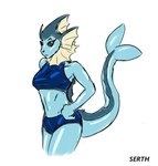 anthro blue_body clothing curvy_figure dorsal_ridge eyelashes female fin glistening glistening_body midriff smile solo swimwear serth nintendo pokemon eeveelution generation_1_pokemon pokemon_(species) vaporeon hi_res