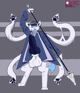 animal_genitalia anthro balls big_balls big_penis big_sheath black_penis blue_tongue clothing dripping genitals hat headgear headwear latex male messy paws peaked_cap penis sheath slime solo tongue lighthouseheat changed_(video_game) squid_dog_(changed)