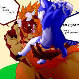 anthro belly biped blue_body duo eyes_closed horn humanoid_hands kemono male overweight overweight_male red_body sitting yukikazefactory mythology dragon felid feline mammal mythological_creature mythological_scalie scalie 1:1 2015 hi_res