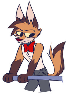 anthro black_eyes bottomwear bow_tie brown_body brown_fur clothed clothing fur gloves_(marking) grey_bottomwear grey_clothing grey_pants male markings orange_body orange_fur pants pole red_bow_tie shirt side_eye simple_background solo topwear white_background white_clothing white_shirt white_topwear jaybeyyy canid canine fox mammal 2020 digital_media_(artwork) hi_res