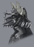 anthro armor countershade_face countershading fangs furgonomic_headwear furgonomics grey_background headgear kabuto_(helmet) male samurai side_view simple_background solo teeth warrior whiskers pelzibat gnoll hyena mammal 2022 absurd_res bust_portrait greyscale hi_res monochrome portrait