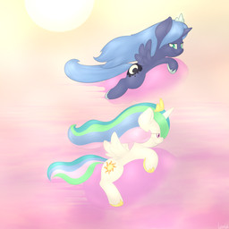 blue_body blue_eyes blue_fur blue_hair cloud cutie_mark duo feathered_wings feathers female flying fur hair horn midair multicolored_hair outside pink_eyes race racing sky skyscape smile sun white_body white_fur wings lamiaaaa friendship_is_magic hasbro my_little_pony mythology princess_celestia_(mlp) princess_luna_(mlp) equid equine mammal mythological_creature mythological_equine winged_unicorn 1:1 2014 digital_media_(artwork) hi_res