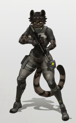 anthro armor biped bottomwear breasts clothed clothed_anthro clothed_female clothing female footwear front_view fully_clothed fully_clothed_anthro fully_clothed_female fur gloves gun hair handwear looking_at_viewer ranged_weapon shoes simple_background solo spots standing tail topwear weapon pgm300 felid feline mammal 2026 absurd_res digital_drawing_(artwork) digital_media_(artwork) hi_res