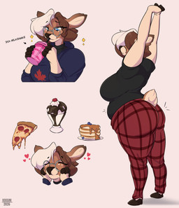 anthro belly beverage big_belly big_breasts big_butt blush breasts butt clothed clothing dessert drinking eyes_closed eyewear female food fruit fur glasses hair happy huge_breasts ice_cream milkshake multicolored_body multicolored_hair open_mouth overweight overweight_anthro overweight_female pajamas pancake piercing pizza plant simple_background smile solo standing stretching tail teeth text thick_thighs topwear two_tone_body two_tone_hair wide_hips veksim susie_(veksim) deer mammal absurd_res digital_media_(artwork) english_text hi_res
