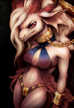 4_horns against_surface angry anthro big_ears bound bra breasts chain chained chastity_belt chastity_device clenched_teeth clothing collar cuff_(restraint) eyelashes female gold_(metal) gold_chain gold_collar hair horn medium_breasts metal_collar metal_cuffs midriff multi_horn navel non-mammal_breasts pupils purple_eyes red_horn restraints ridged_horn rope scales shackles silk slit_pupils solo standing teeth underwear white_body white_hair white_scales wrist_cuffs yonic_chastity_device ammylin mythology fara_(ammylin) dragon mythological_creature mythological_scalie scalie 2018