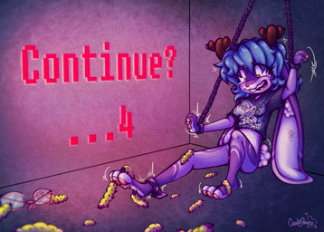 3_toes anthro antlers bad_end barefoot bdsm blue_hair bodily_fluids bondage bottomless bound braces breasts chain chained clothed clothing creepy cuff_(restraint) dungeon eyewear feet female feral game_over gameplay_mechanics glasses hair horn laugh nervous paws plantigrade prisoner purple_body removed_glasses restraints shackles shirt shirt_only sitting soles solo tears tickle_torture tickling toes topwear topwear_only candypawz arthropod insect jackalope lagomorph mammal worm absurd_res hi_res