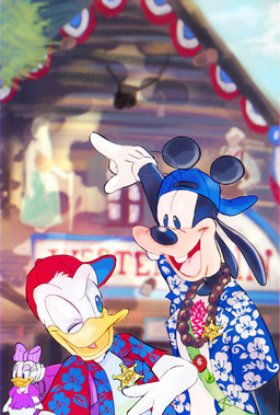 anthro backwards_baseball_cap backwards_hat baseball_cap black_eyes buckteeth building clothing duo_focus fingers floppy_ears gesture gloves group hand_gesture handwear happy hat headgear headwear house male one_eye_closed pointing smile teeth tongue white_body kaname_(torikonakarera) disney daisy_duck donald_duck goofy_(disney) anatid anseriform avian bird canid canine canis domestic_dog duck mammal hi_res