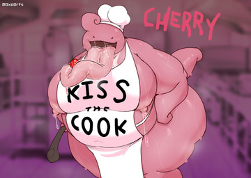anthro apron bent_over big_butt black_eyes bodily_fluids butt chef chef_hat cherry clothing cutlery food fruit hands_on_hips hands_on_own_hips hat headgear headwear holding_object holding_spoon huge_butt kiss_the_cook kitchen_utensils lactating long_tongue male male_lactation moobs nipples obese obese_anthro obese_male overweight overweight_anthro overweight_male pink_body pink_nipples pink_tail plant pose saliva saliva_string solo spoon sweat tail text thick_thighs three-quarter_view tongue tongue_out tools wooden_spoon axoarts nintendo pokemon cherry_(axoarts) generation_4_pokemon lickilicky pokemon_(species) 2026 character_name digital_media_(artwork) english_text hi_res