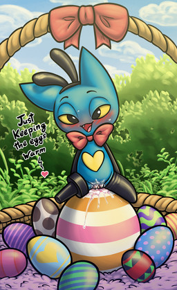 anthro basket black_eyes blue_body blush bodily_fluids bow_tie clothing container costume easter_egg egg fake_ears fake_rabbit_ears female genital_fluids genitals heart_symbol holidays loli mostly_nude pegleg reverse_bunny_costume sitting sitting_on_egg solo text vaginal_fluids vulva yellow_sclera young young_anthro young_female soulcentinel cartoon_network easter mao_mao:_heroes_of_pure_heart adorabat bat mammal english_text hi_res