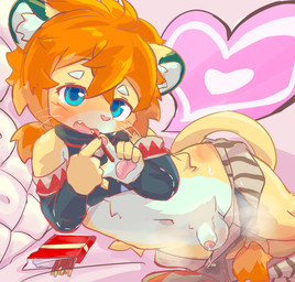 anthro balls blue_eyes blush bodily_fluids clothing embarrassed fangs flaccid food genital_fluids genitals hair kemono looking_at_viewer lying male navel on_side open_mouth orange_hair pawpads penis pocky_in_mouth precum solo tail teeth tongue topwear young young_anthro young_male 52mona_mona cygames pocky world_flipper teo_(world_flipper) felid lion mammal pantherine 2026 chinese_description hi_res