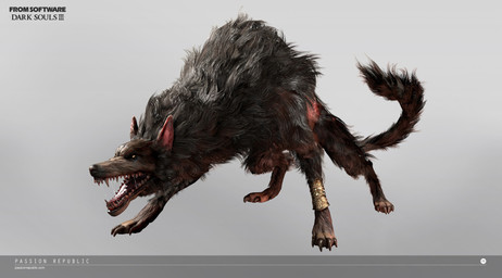 ambiguous_gender black_claws claws feral fur nude open_mouth solo text yellow_eyes shawn_kok dark_souls fromsoftware old_wolf_of_farron canid canine canis mammal wolf 3d_(artwork) digital_media_(artwork) english_text hi_res official_art